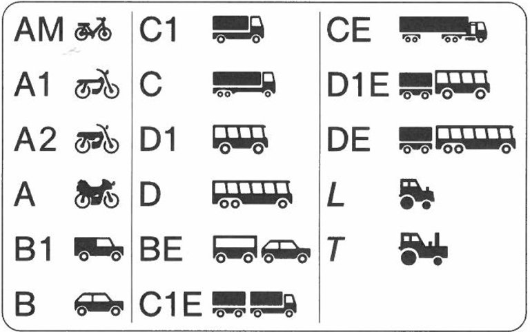 EU driving license categories chart AM A1 A2 A B BE C C1 CE D D1